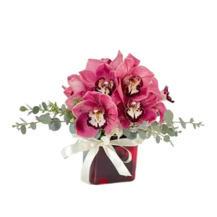 Lavish Love arrangement - Pink cymbidium orchids in red glass vase Vancouver