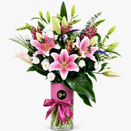 Lily Arrangement - Pink oriental lilies and purple snapdragons in glass vase Vancouver
