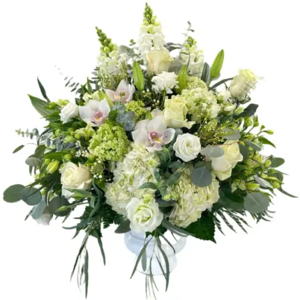 Long Lasting Love arrangement - Elegant white roses, orchids, and hydrangeas in glass vase Vancouver