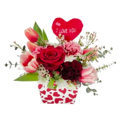 Love Me floral arrangement - Red roses pink tulips and I Love You heart pick Vancouver