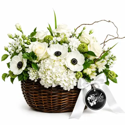 Morning Dew Basket - White anemones, white hydrangeas, and cream roses in woven basket Vancouver