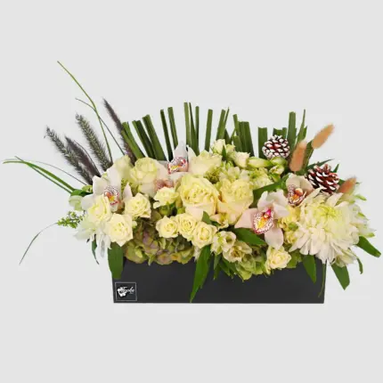 North Pole Box - Winter white roses and orchids arrangement in black box Vancouver