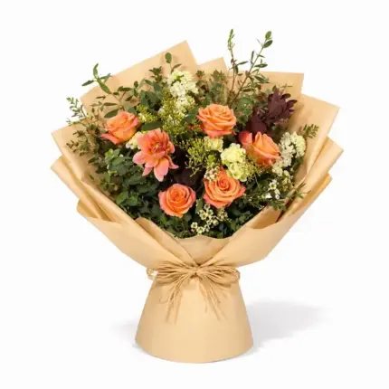 Orange Delight Hand Tied Bouquet - Orange roses, dahlias, and wildflower greenery in kraft wrapping Vancouver