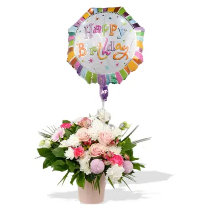 Perfect Birthday Bundle - Pink and white floral arrangement with Happy Birthday balloon Vancouver