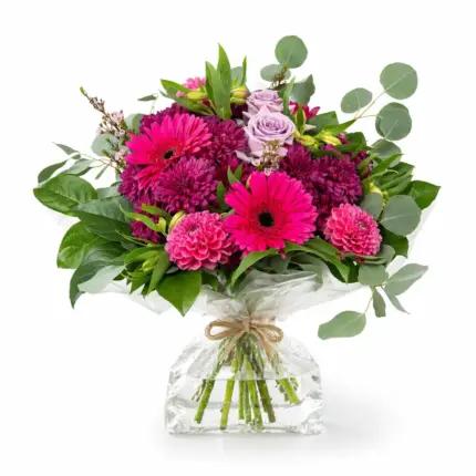 Pink Charm Bouquet in Aqua pack - Hot pink gerberas and lavender roses in aqua pack Vancouver
