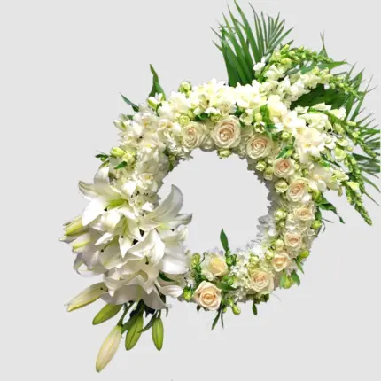 Queen of Wreath funeral standing wreath - White lilies, cream roses, and snapdragons sympathy arrangement Vancouver