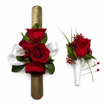 Red Corsage and Boutonniere Set - Red rose wrist corsage and boutonniere with gold band Vancouver