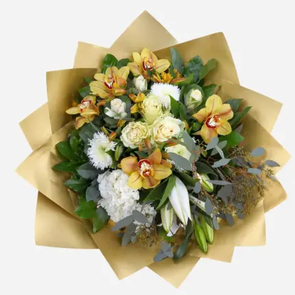 Royal Bouquet - Luxury yellow cymbidium orchids and white roses in gold wrapping Vancouver