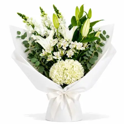 Sincerity bouquet - White hydrangeas, lilies, and snapdragons wrapped in white paper Vancouver