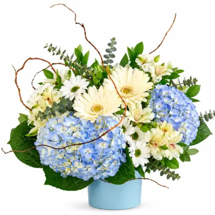 Sky floral arrangement - Blue hydrangeas and cream gerberas in light blue vase Vancouver