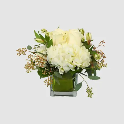 Snowdrift arrangement - White roses and hydrangea in glass cube vase Vancouver