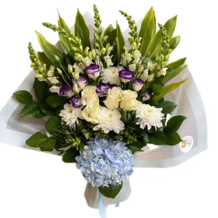 Something Blue bouquet - Blue hydrangea and white roses bouquet Vancouver