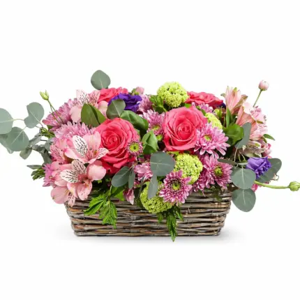 Strawberry Jam floral basket - Hot pink roses, pink alstroemeria, and purple chrysanthemums in woven basket Vancouver