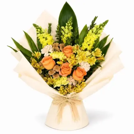 Sun Light Bouquet - Orange roses, yellow snapdragons, and alstroemeria wrapped bouquet Vancouver