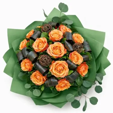 Sunny Roses bouquet - Vibrant orange roses and eucalyptus wrapped in green paper Vancouver