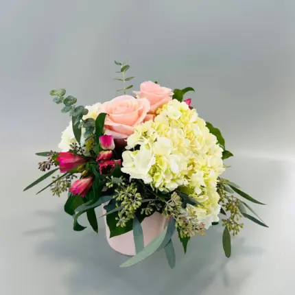 Sweet Dreams arrangement - Pink roses and cream hydrangea in pink ceramic pot Vancouver