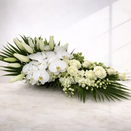 Sympathy Boat floral spray - White phalaenopsis orchids, lilies, and roses arrangement Vancouver