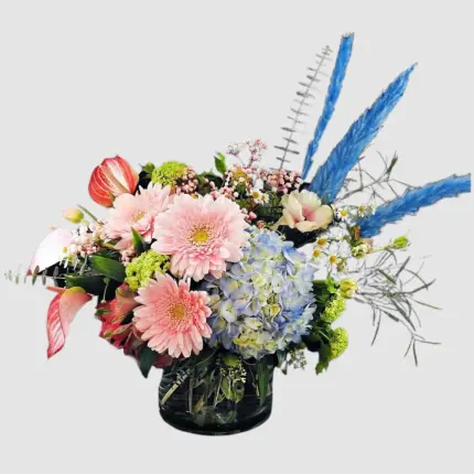 Whimsical Pastels arrangement - Pink gerbera, blue hydrangea, and coral anthurium in glass vase Vancouver