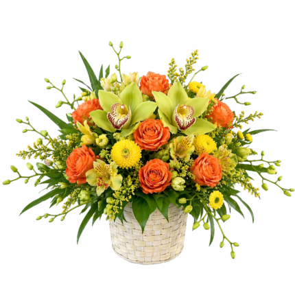 Cheerful spring flower basket with orange roses, green cymbidium orchids