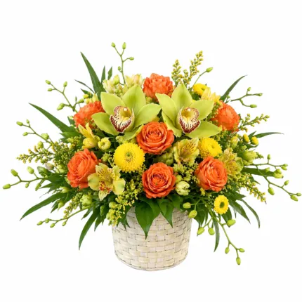 Cheerful spring flower basket with orange roses, green cymbidium orchids