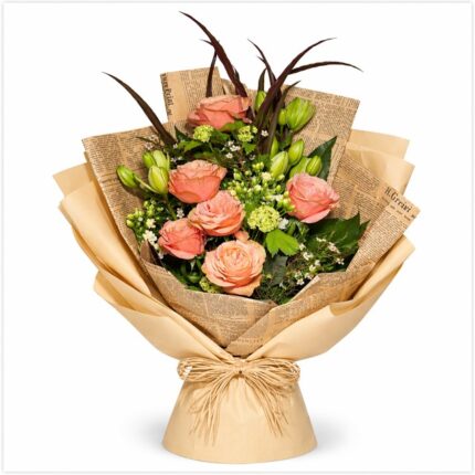 Coral Breeze bouquet - Peach roses and wild blossoms delivery Vancouver