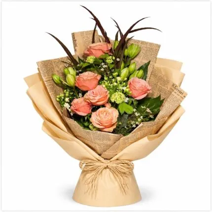Coral Breeze bouquet - Peach roses and wild blossoms delivery Vancouver