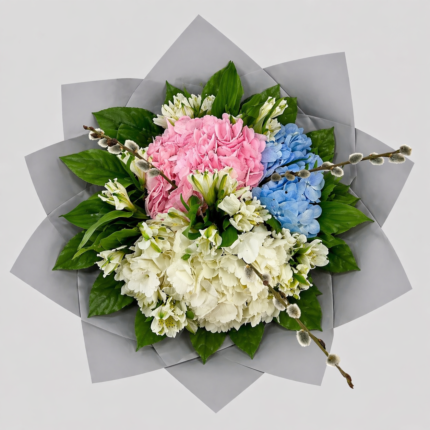 Hydrangeas hand tied bouquet with pink, blue and white hydrangeas with pussy willow and alstroemeria