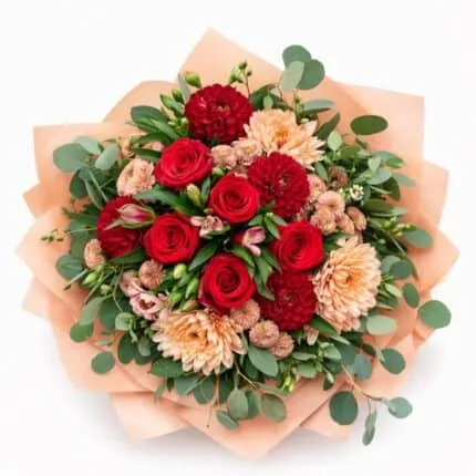 Maple Kiss hand tied bouquet - Red rose and peach dahlia autumn bouquet Vancouver