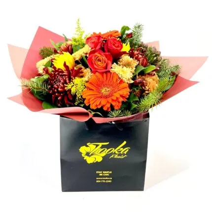 Orange Water Wrap bouquet - Vibrant orange gerbera and red rose flower box Vancouver
