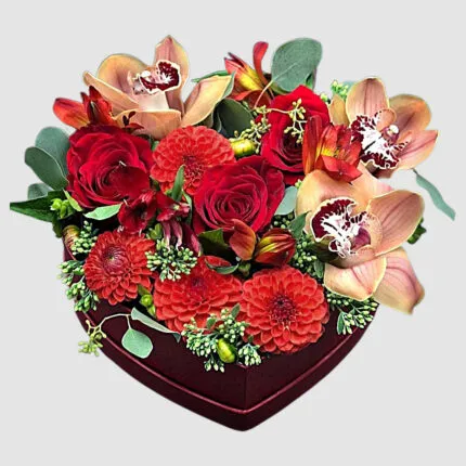 Dahlia Lover heart box - Red dahlia orchid and rose heart flower arrangement Vancouver