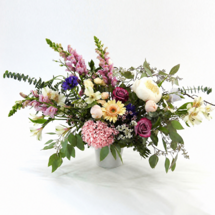 Victorian Garden flower arrangement with pink hydrangea, purple roses
