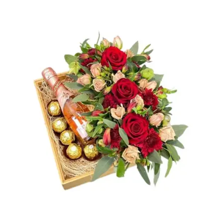 Cheers Gift Box - Red roses chocolate and sparkling drink wooden hamper Vancouver
