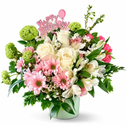 Pink Birthday floral arrangement - White roses and pink chrysanthemums with Happy Birthday topper Vancouver