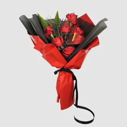 Tropical Roses - Red roses bouquet with red anthurium in black and red wrapping Vancouver