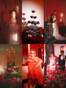 Luxury wedding collage with red roses candelabras cherry towers and romantic couple portraits
