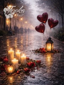 Romantic street scene with red heart balloons red roses and burning candles in the rain
