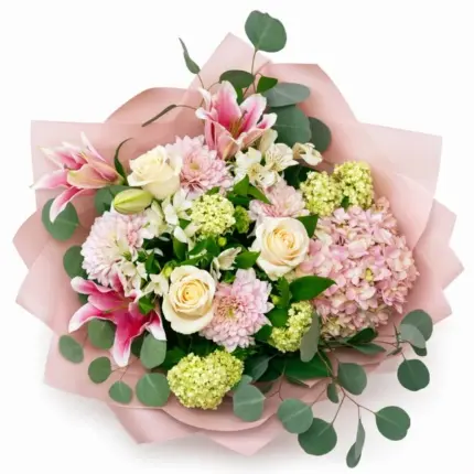 Blush Garden Bouquet - Soft pink hydrangeas, lilies, and cream roses in blush paper Vancouver