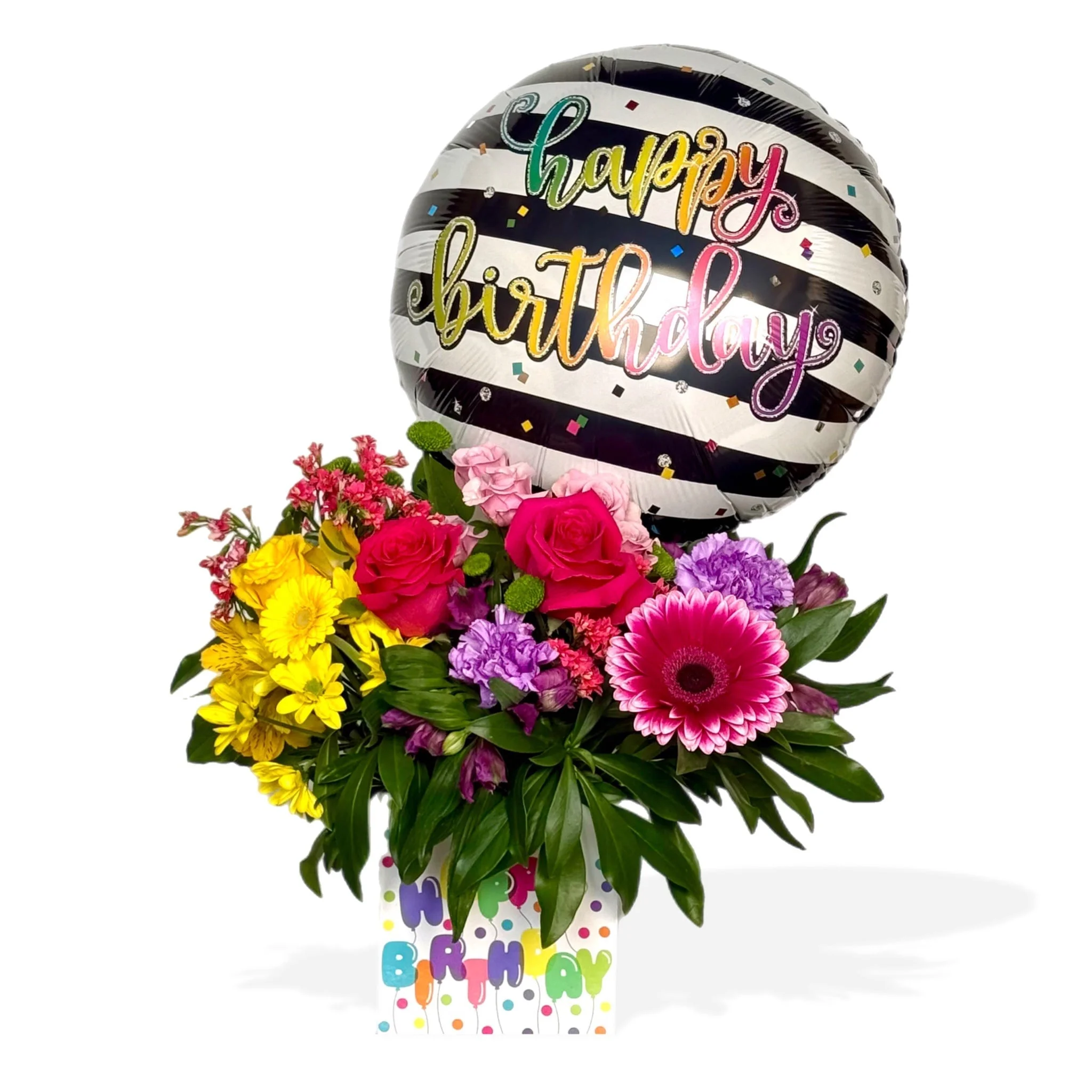 Cheerful Birthday Bundle Flowers Arrangement Cheerful Birthday Bundle Flowers Arrangement - Colorful birthday flowers with happy birthday balloon Vancouver