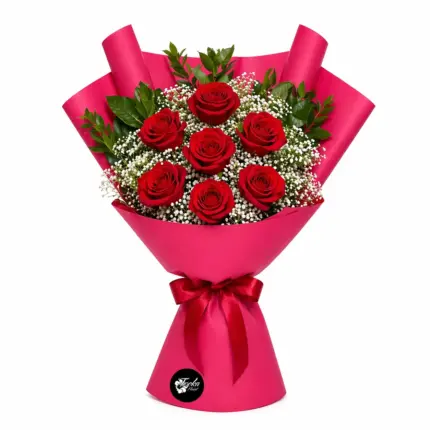 Classic Half-Dozen Red Roses - 6 red roses with baby's breath wrapped in magenta paper Vancouver