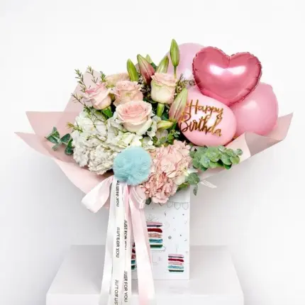 Dream Birthday Bloom arrangement - Pink roses, hydrangeas, and Happy Birthday balloons in gift box Vancouver