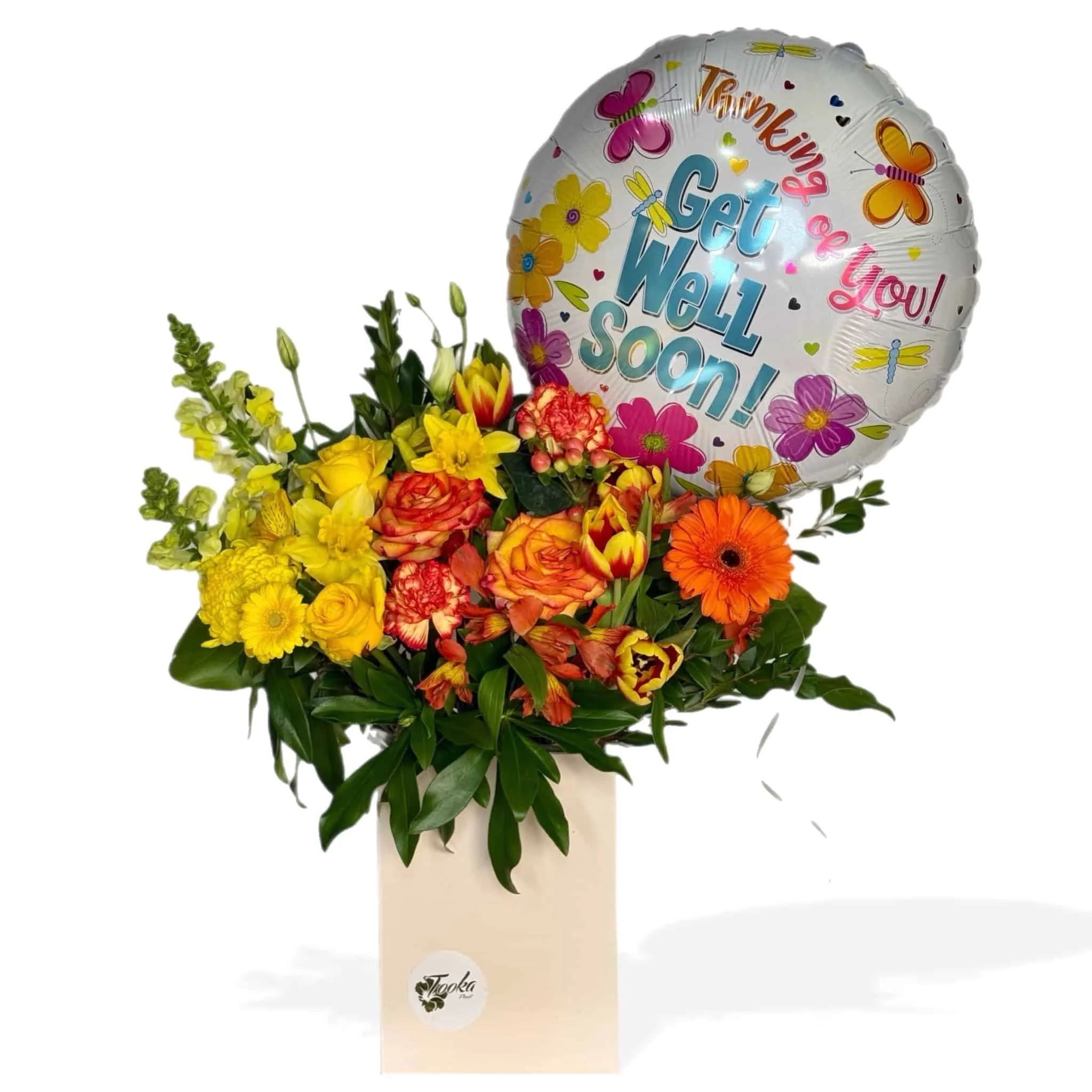 Get Well Soon Flower Box with Balloon Get Well Soon Flower Box with Balloon - Bright orange and yellow roses with Mylar balloon Vancouver