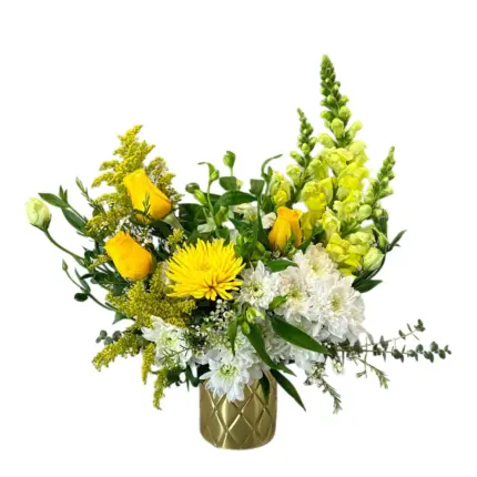 Golden Glow floral arrangement - Yellow roses snapdragons and white flowers in gold vase Vancouver
