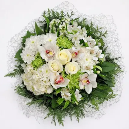 Gorgeous White Bouquet - Premium white roses, orchids, and hydrangeas with silver mesh wrapping Vancouver
