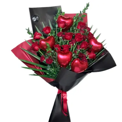 Heartbeat Rose Bouquet - Red roses bouquet with mini heart balloons wrapped in black paper Vancouver