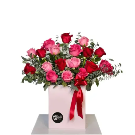 Hearts in Bloom Rose Box - Mixed red and pink roses arrangement in light pink box Vancouver