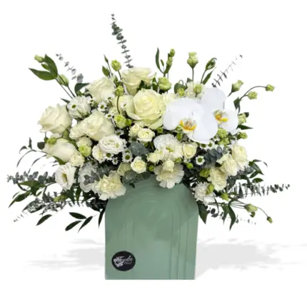 Ivory Bloom Box - White roses and phalaenopsis orchids in sage green box Vancouver