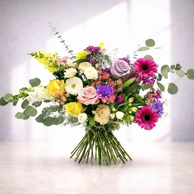 Joyful Garden Mixed Flower Bouquet Joyful Garden Mixed Flower Bouquet - Bright pink gerberas, purple roses, yellow and white flowers Vancouver