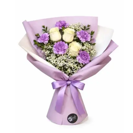 Lavender Serenity Rose and Carnation Bouquet - Cream roses and purple carnations in lavender wrapping Vancouver