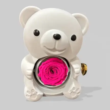 Luxury Preserved Rose Bear box with hidden Jewelry compartment - White bear with pink preserved rose Vancouver