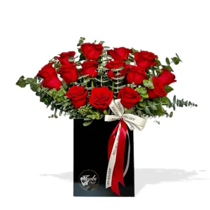 Midnight Passion Rose Box - Red roses arrangement with eucalyptus in sleek black gift box Vancouver